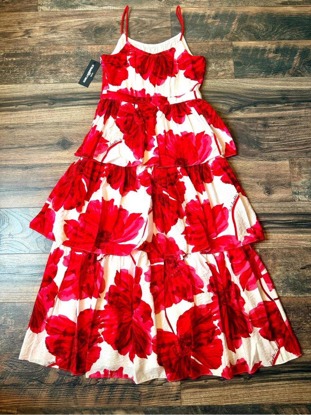Karl Lagerfeld Paris Tiered Floral Print Red and White Maxi Dress size 6 - Picture 4 of 16